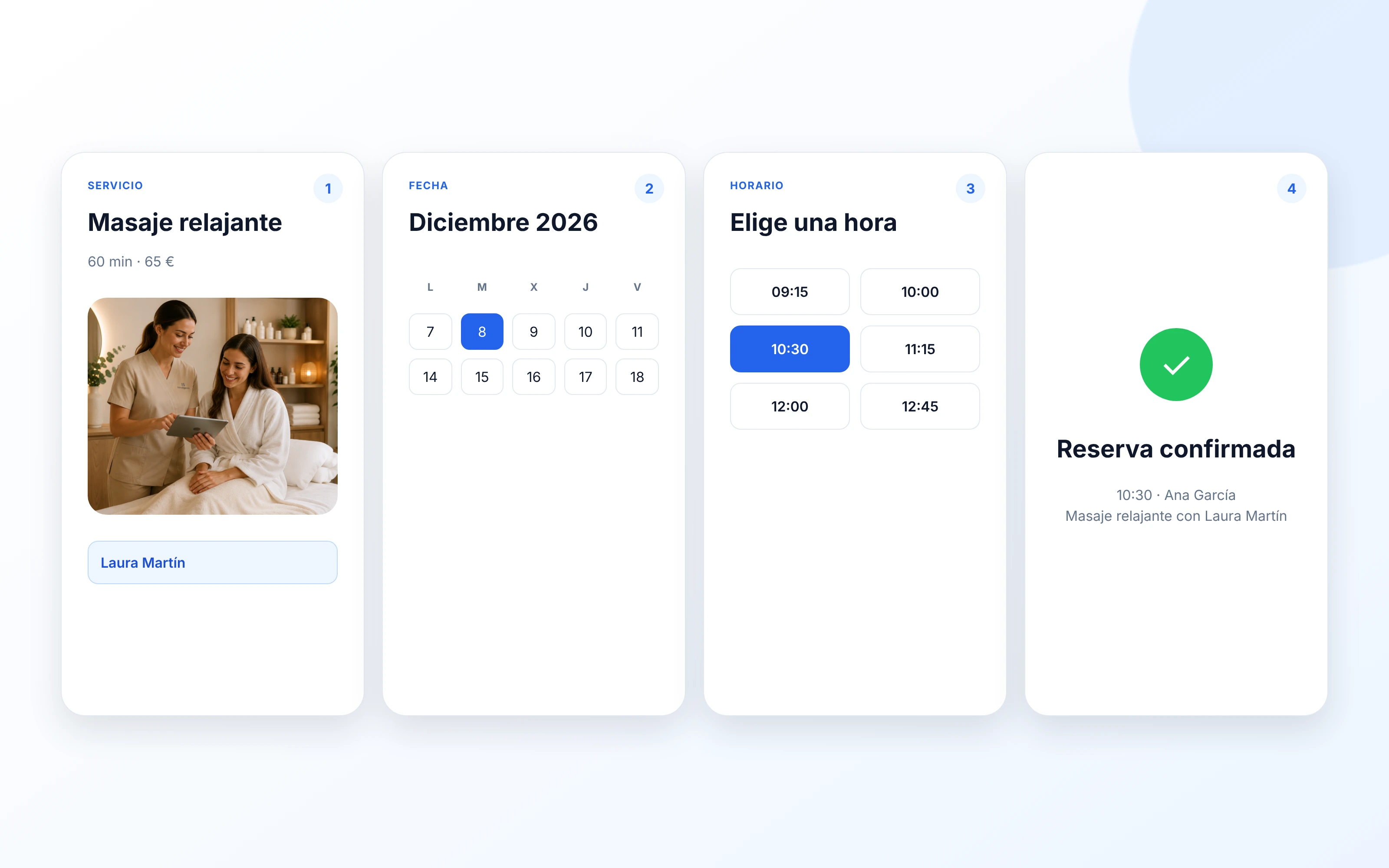 Proceso de reserva online de NiroAgenda para elegir servicio, profesional, fecha y hora.