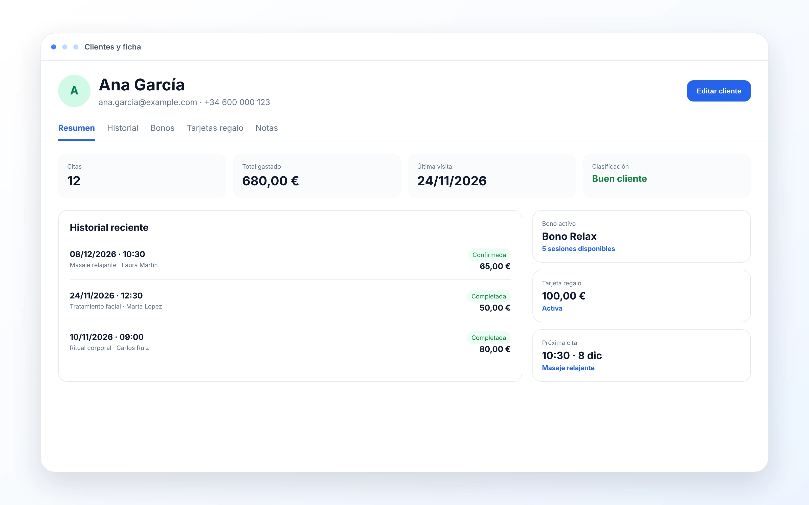 Ficha de cliente de NiroAgenda con historial de citas, bono y tarjeta regalo.
